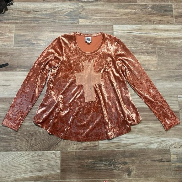 Ivy Jane Crushed Velvet Swing Top Cross Appliqué Long Sleeve - Picture 1 of 2